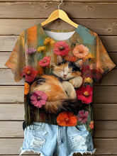 T-shirt à manches courtes de chat de fleurs mignonnes de peinture à l'huile des femmes